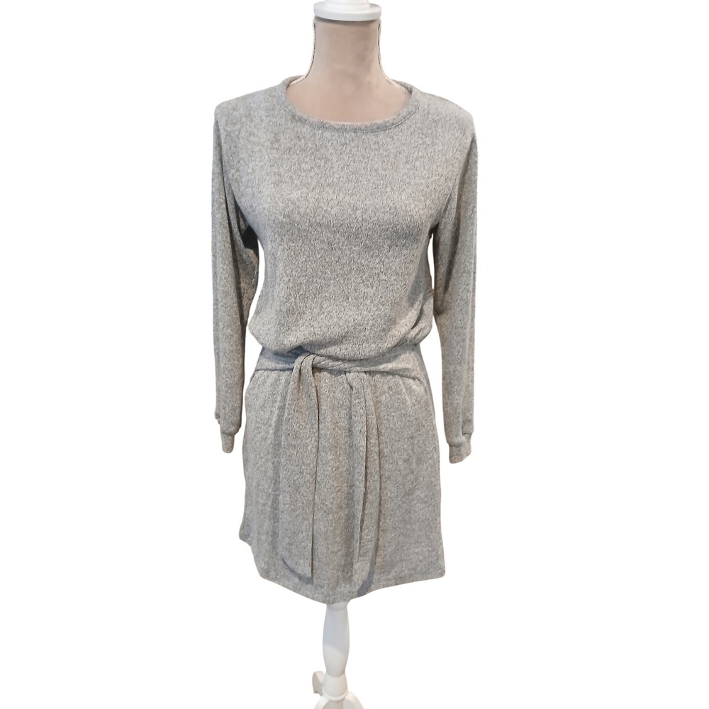 Grey Heathered Knit Long Sleeve Tie Waist Mini Dress Womans Medium Casual Cozy